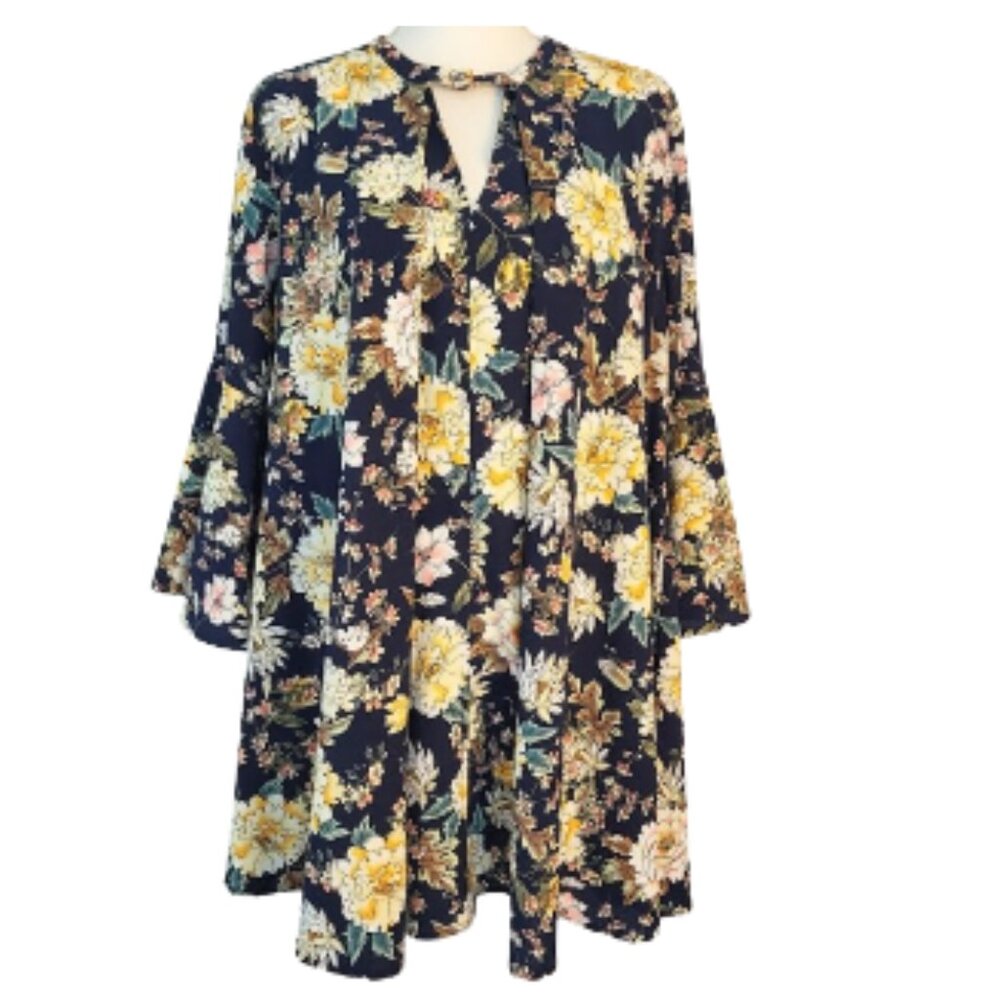 UMGEE Oversized Navy Blue Floral Bell Sleeve Boho Dress - Women's Size S
